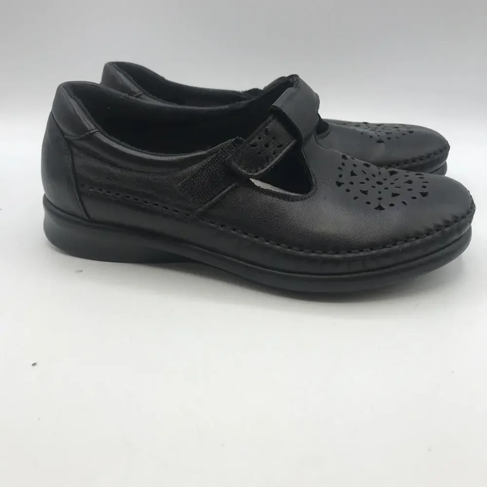 SAS Women's Willow Comfort Shoes Black Leather Moc Mary Janes 6.5 Narrow T-Strap
